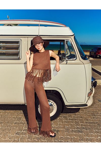 Koton High Waist Tassel Cotton Lined Crochet Pants
