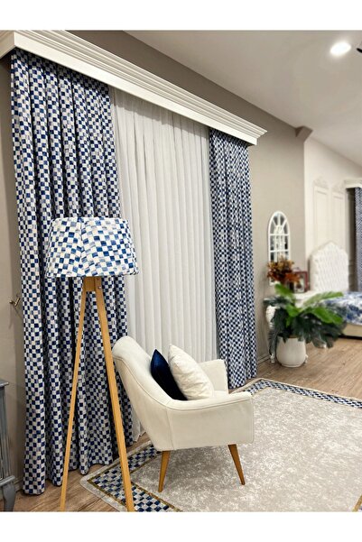 Brillant 1/3 Sık Pileli Damalı Fon Perde - Mavi