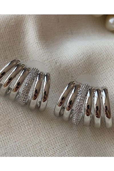demirosa Stone Detailed Silver Color Hoop Earring Set