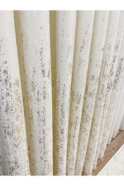 Brillant Jakar Zemin Varaklı Desen 1/3 Sık Pile Fon Perde - Bej - Altın Varaklı