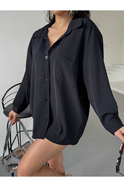 Paw Garage Γυναικείο πουκάμισο Perla Black Single Pocket oversized , Πουκάμισο με φαρδιά εφαρμογή, πουκάμισο Ayrobin