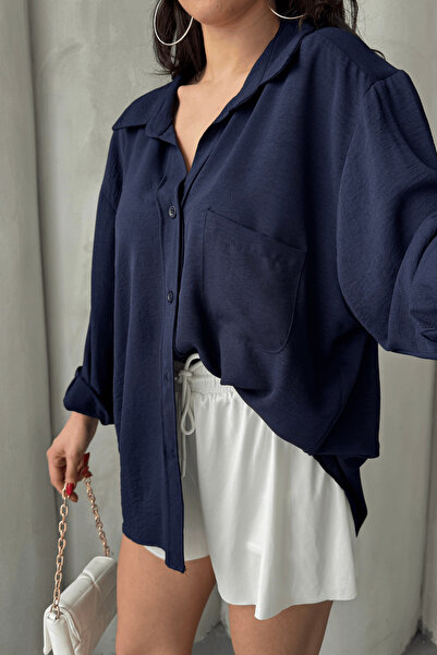 Paw Garage Γυναικείο πουκάμισο Perla Navy Blue με μία τσέπη oversized , Πουκάμισο με φαρδιά εφαρμογή, πουκάμισο Aerobin