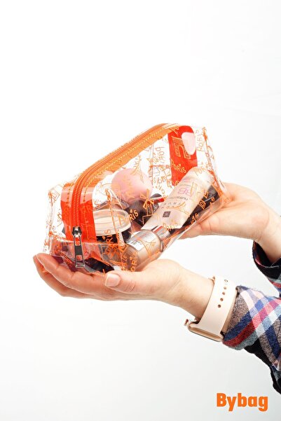 BYBAG Paris Eyfel Kulesi Baskılı Turuncu Renkli Şeffaf PVC Makyaj Seyahat Koz...