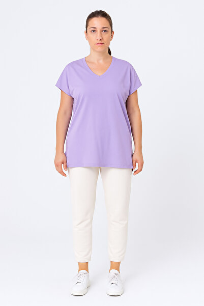 Cottonland Kadın TRISHA Normal Kesim Kısa Kol V Yaka Penye Pamuk T-Shirt LİLA