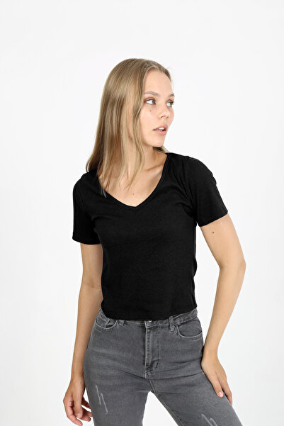 EDSA Siyah V Yaka Kısa Kollu Kaşkorse Basic Kadın T-shirt