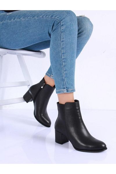 ANALİN SHOES Black Genuine Leather Women's Daily Heeled Boots