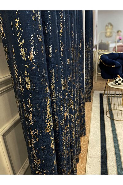 Brillant Jakar Zemin Varaklı Desen 1/3 Sık Pile Fon Perde - Lacivert - Altın ...