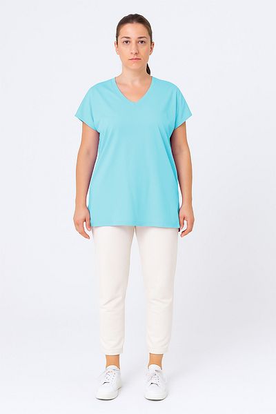 Cottonland Tricou TRISHA pentru femei, cu mânecă scurtă, cu decolteu în V, din bumbac pieptănat, ALBASTRU DESCHIS