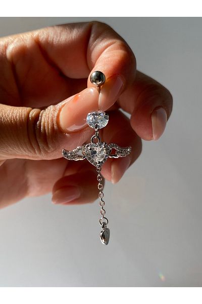 kurukafagift Steel Angel Wings Zircon Stone Silver Color Heart Long Navel Piercing