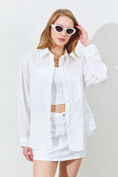 Manche قميص نسائي من الكتان بنسبة 100% مع ملمس طبيعي وهيكل قابل للتنفس - أبيض...