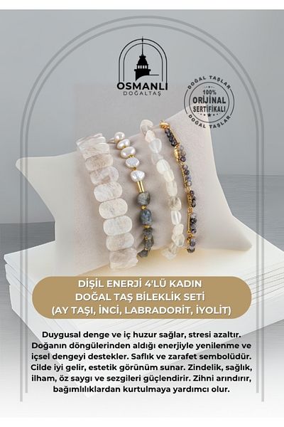 OSMANLI DOĞAL TAŞ Certified Feminine Energy 4-Piece Natural Stone Bracelet Set for Women (Moon Stone, Pearl, Labradorite, Iyolit)