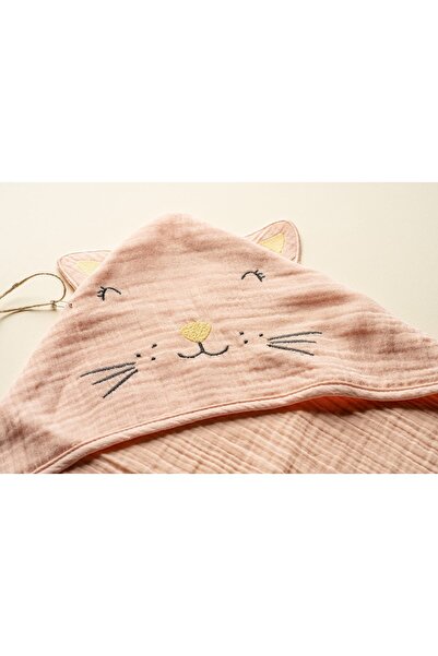 Be'Calm Kitty- Kitten Embroidered Muslin Organic Cotton- Bath Swaddle - Powder