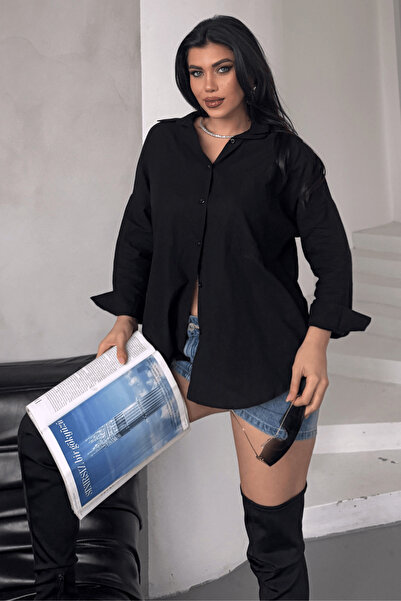 Paw Garage Γυναικείο πουκάμισο Marlot Black oversized Linen, Καλοκαιρινή Συλλογή 2025