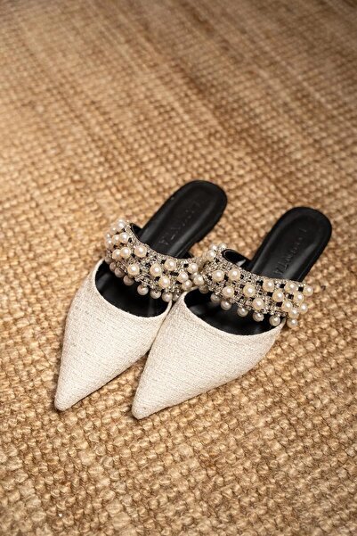 LAMİNTA Rosie Beyaz Tüvit Detaylı Taşlı Kadın Terlik