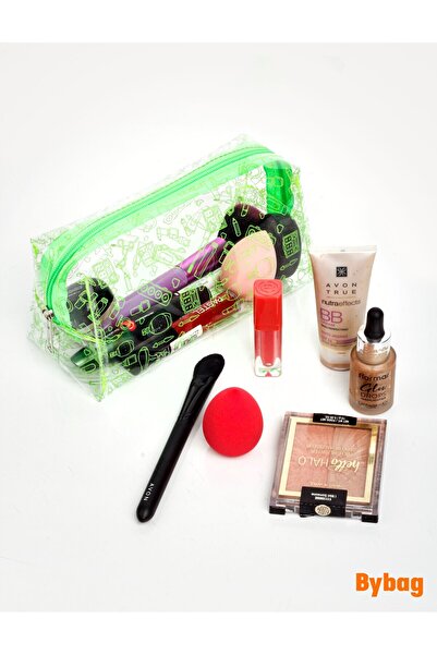 BYBAG Makyaj Malzemeleri Baskılı Yeşil Renkli Şeffaf PVC Makyaj Seyahat Kozmetik Ecza Bebek Deniz Çantası