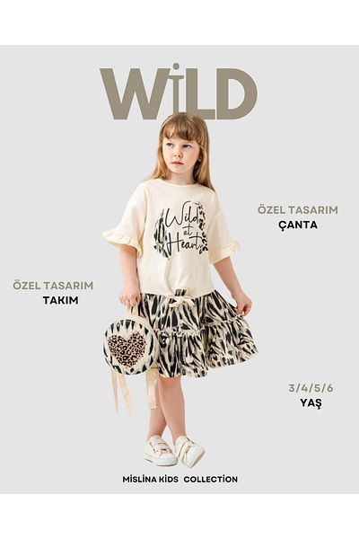 mislina kids Combinație pentru fete Wild din 3 piese (tricou supradimensionat + fustă cu model + geantă) – 3/6 ani