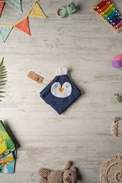 Be'Calm Penguin Embroidered Muslin Organic Cotton - Bath Swaddle - Navy Blue