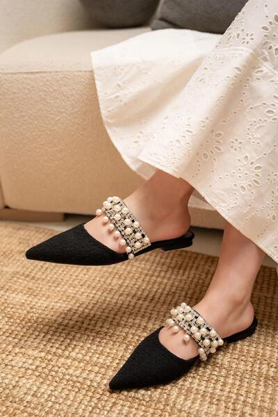 LAMİNTA Rosie Siyah Tüvit Detaylı Taşlı Kadın Terlik
