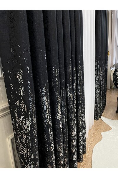 Brillant Jakar Zemin Varaklı Desen 1/3 Sık Pile Fon Perde - Koyu Antrasit - G...