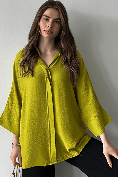 Paw Garage Дамска риза Evelyn Olive Oversized, ленена риза Ayrobin с копчета ...