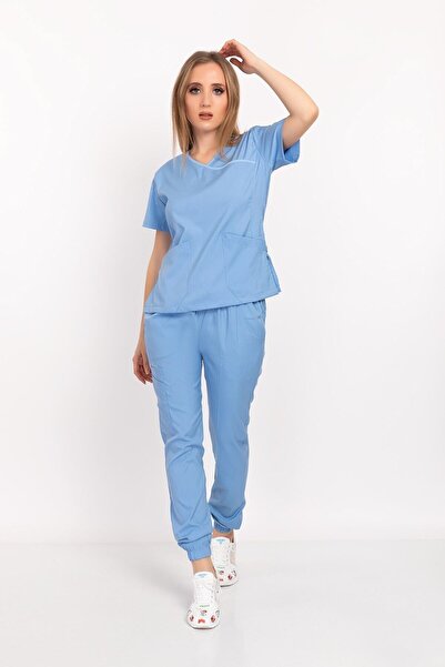 Nur Medikal Giyim Set de uniforme pentru spital, pentru medic și asistentă, din lycra moale, model Atlantis, albastru bebeluș