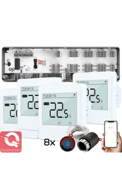 Quicksmart Pachet Automatizare Incalzire Pardoseala Q10, Controller pardoseala 8 zone, 4x Termostat cu fir Q40,