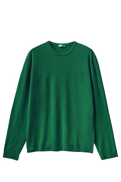 United Colors of Benetton Мъжки зелен пуловер от мериносова вълна с кръгло деколте