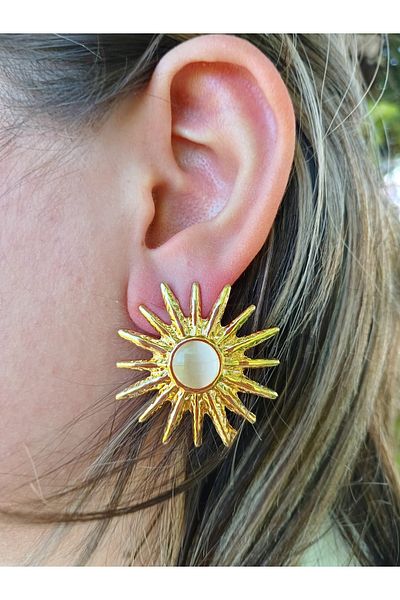 mos&more Gold Cream Stone Sun Light Women's Earrings