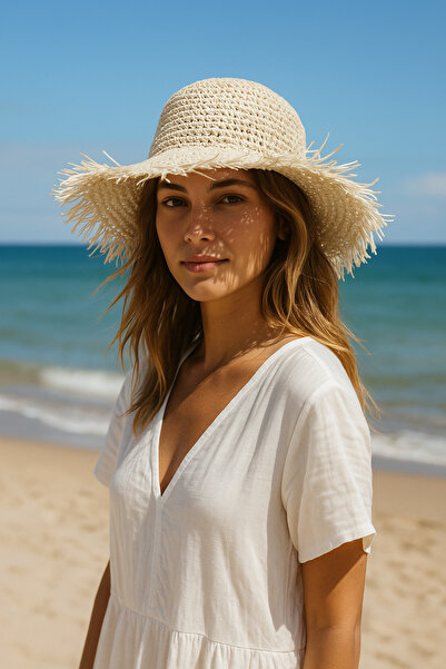 Luminos Butik Μπεζ Φυσική Υφή Πλεκτό στο χέρι - Ψάθινο καπέλο, Βρετανικές άκρ...