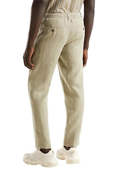 United Colors of Benetton Erkek Taş %100 Keten Belden Bağlamalı Keten Pantolon