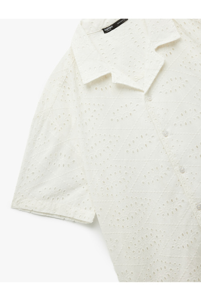 Koton Cotton Regular Fit Short Sleeve Turn-Down Collar Brodeed Shirt