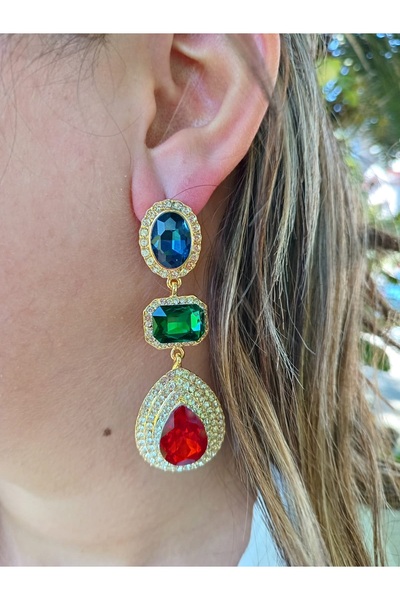 mos&more Zirkon Taşlı Kırmızı Yeşil Mavi Abiye Kadın Küpe