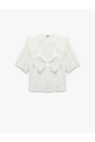 Koton Buttoned Short Balloon Sleeve Scalloped Brocade Wide Baby Collar Shirt