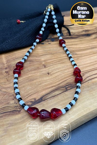 Balzamin Design Pomegranate Elegance – Brand Equivalent Pomegranate Steel Necklace with Murano Glass Detail