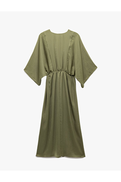 Koton Aerobin Kumaş Bol Kalıp Kruvaze Yaka Yarım Yarasa Kollu Uzun Saten Elbise