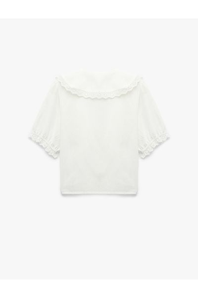 Koton Buttoned Short Balloon Sleeve Scalloped Brocade Wide Baby Collar Shirt