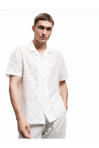 Koton Cotton Regular Fit Short Sleeve Turn-Down Collar Brodeed Shirt