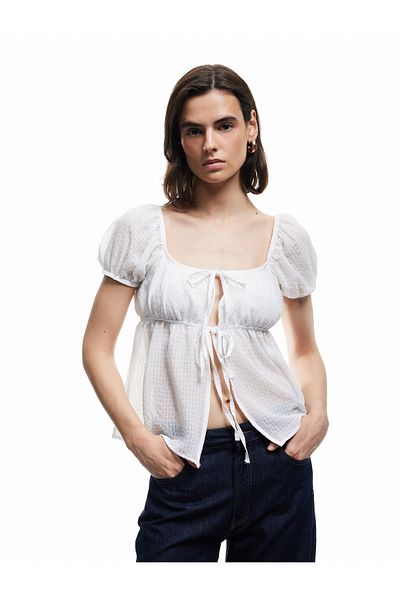 Koton Short Sleeve Balloon Sleeve Tie Front Bow Blouse