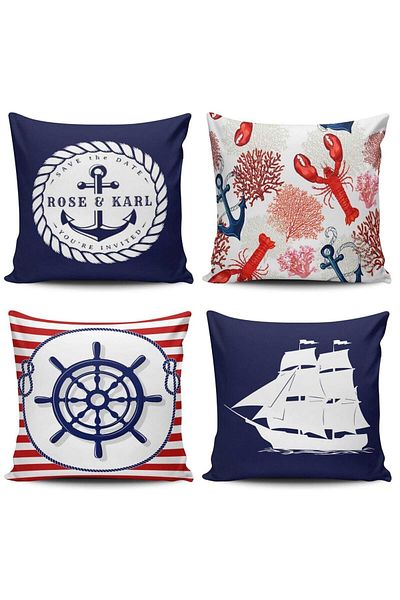 Alkan Homes Sailor Patterned Modern 4-Piece Combination Digital Printed Throw Pillow Cover