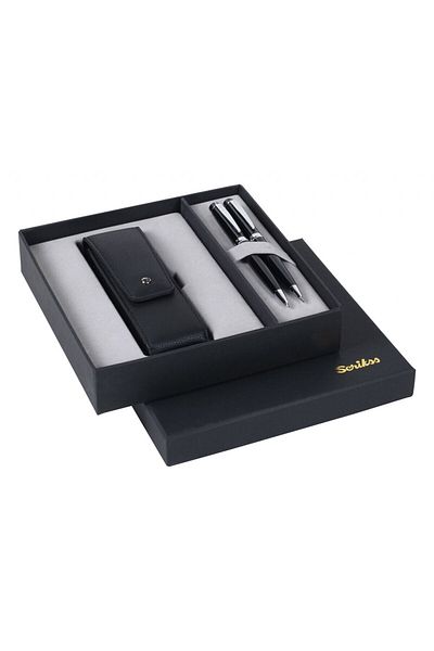 Scrikss Dr247 Gift Set Ballpoint Pen - Versatil Pen 38 Black Chrome & Double Pen Case with Cap Black