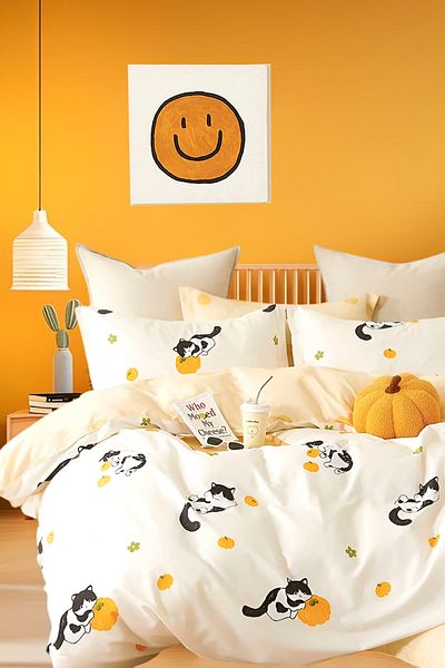 İQON Fitted Sheet Duvet Cover Set Double Pumpkin Cat