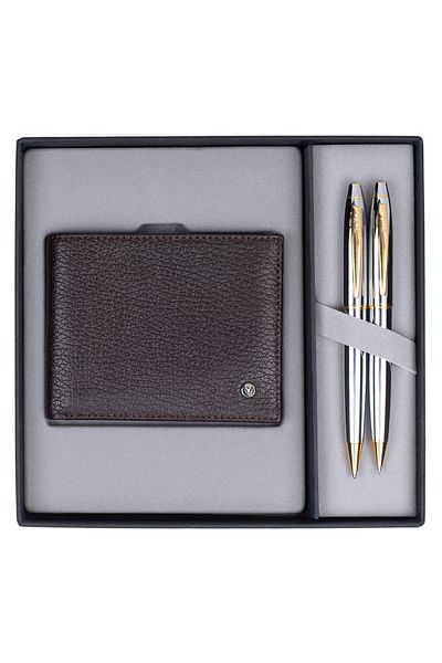 Scrikss Dr214 Gift Set Ballpoint Pen - Versatil 35 Noble Gold Chrome & Leather Classic Wallet Brown