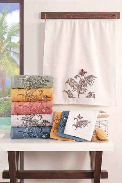 MARİBOR Tropical - 70% Bamboo 30% Cotton 3D Embroidered Hand Towel - Set of 6 50X90