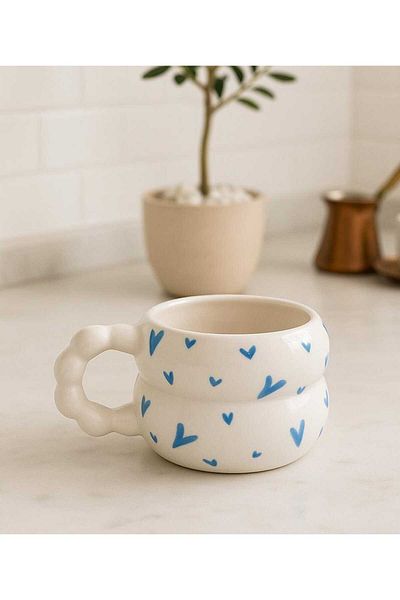 İZart Beaded Handle Double Blue Heart's Special Embossed Hand-Engraved Ceramic Mug