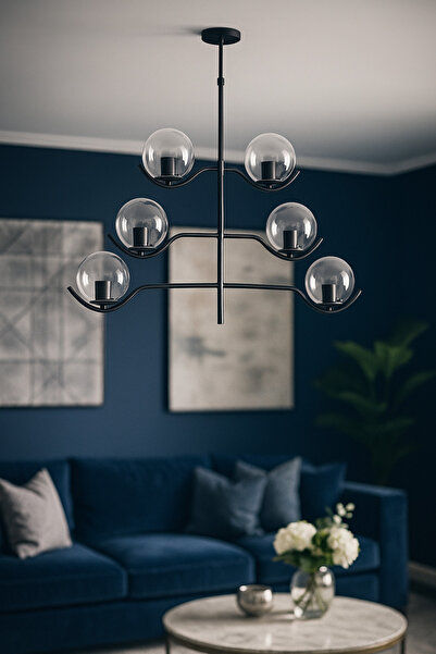 Avizemoda Ranya 6 Lı Şeffaf Camlı Salon Oturma Odası Modern Kollu Avize - (Sİ...
