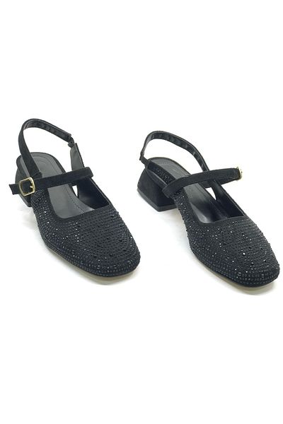 KOCAMANLAR Seribo Stone Detailed Short Heeled Open Back Women's Ballerina Shoes Black-Suede