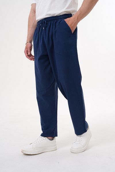 BigBrossBoutique Navy Blue Men's Summer Cotton Linen Blended Comfortable Fit Trousers