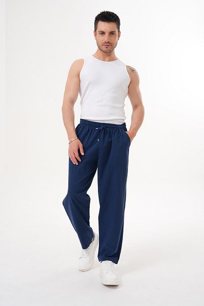 BigBrossBoutique Navy Blue Men's Summer Cotton Linen Blended Comfortable Fit Trousers