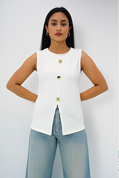 Mayer Butik بلوزة نسائية ذات رقبة دائرية وأزرار ذهبية