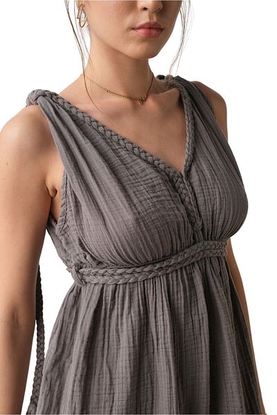 cottony.store Καλοκαιρινό φόρεμα Bohemian Helen με λουράκια με λεπτομέρεια καπνιστή με κορδόνια